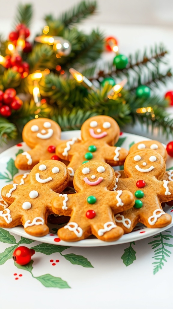 Decorated gingerbread man cookies on a festive plate with Christmas decorations.